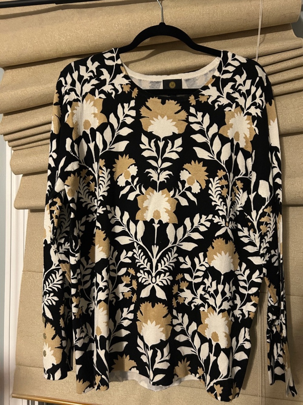 JM Collection Black Knit Top with Cream & Gold Floral Print